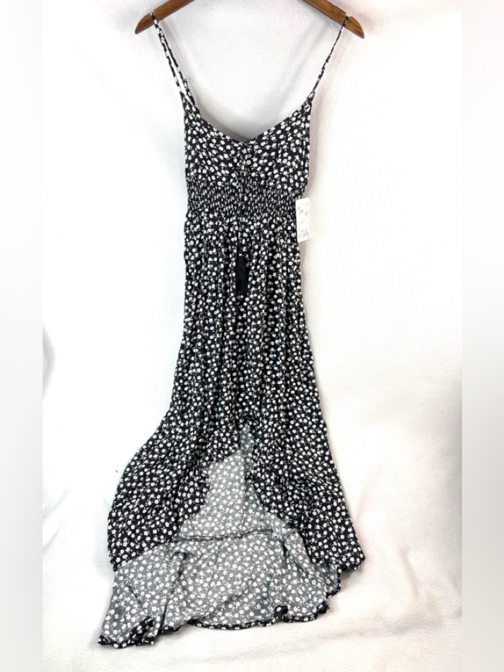 Vine and Valley M Ditsy Ruffle Trim Black Floral Maxi Sun Dress w Smocked Empire
